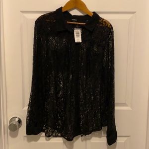Madison - Black Sheer lace Button Front Blouse